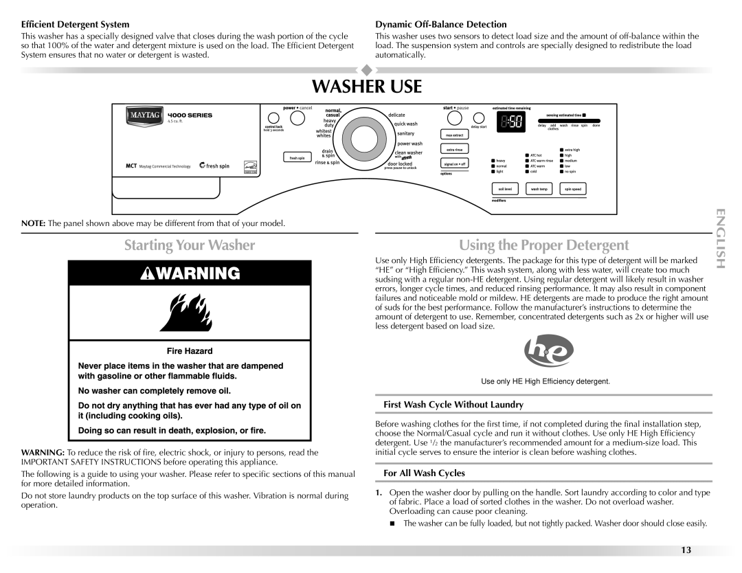 Maytag 461970255072 manual Washer USE, Starting Your Washer Using the Proper Detergent 