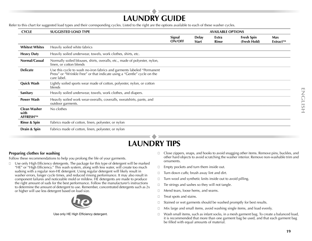 Maytag 461970255072 manual Laundry Guide, Laundry Tips, Preparing clothes for washing, On/Off 