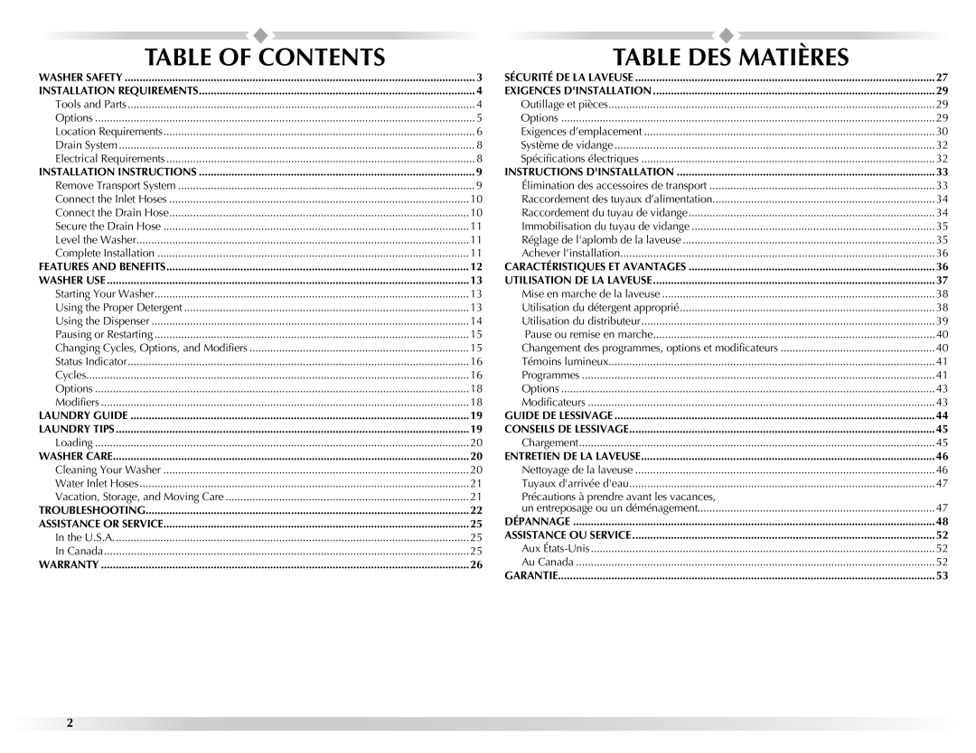 Maytag 461970255072 manual Table of Contents, Table DES Matières 