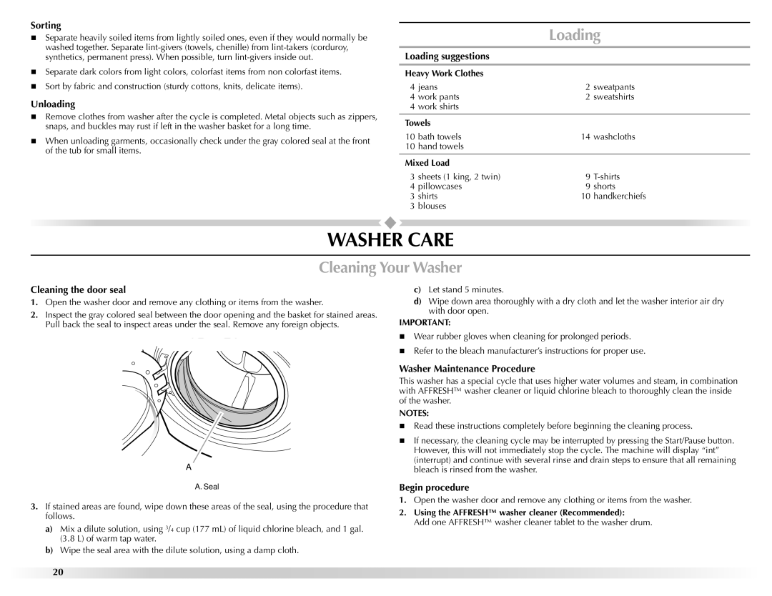 Maytag 461970255072 manual Washer Care, Loading, Cleaning Your Washer 