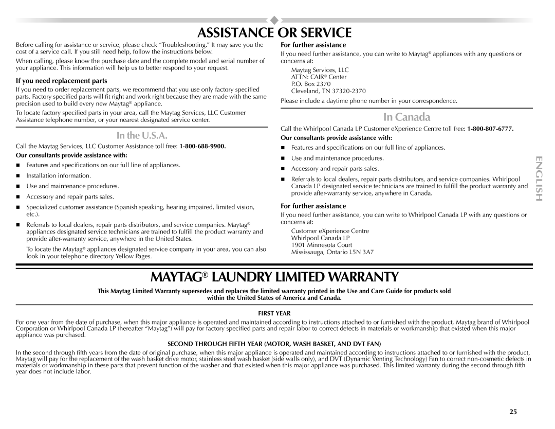 Maytag 461970255072 manual Assistance or Service, Maytag Laundry Limited Warranty, Canada, If you need replacement parts 