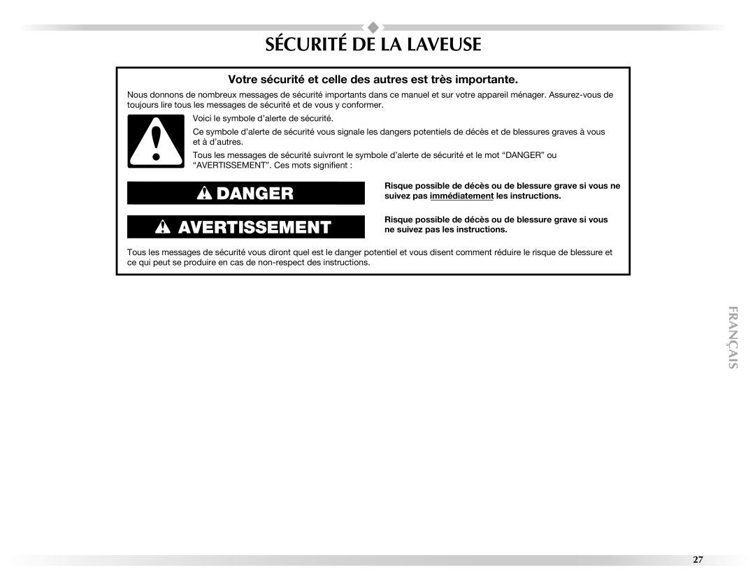 Maytag 461970255072 manual Sécurité DE LA Laveuse, Votre sécurité et celle des autres est très importante 