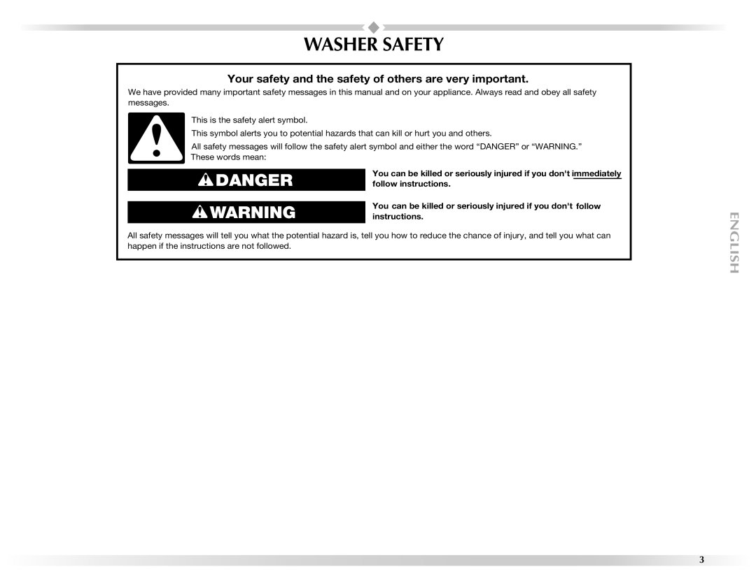 Maytag 461970255072 manual Washer Safety, Your safety and the safety of others are very important 