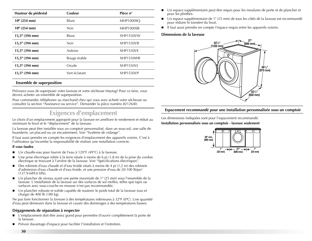 Maytag 461970255072 manual Exigences d’emplacement, Ensemble de superposition, Dégagements de séparation à respecter 