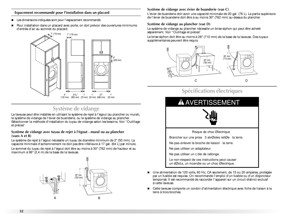 Maytag 461970255072 manual Spécifications électriques, Système de vidange avec évier de buanderie vue C 