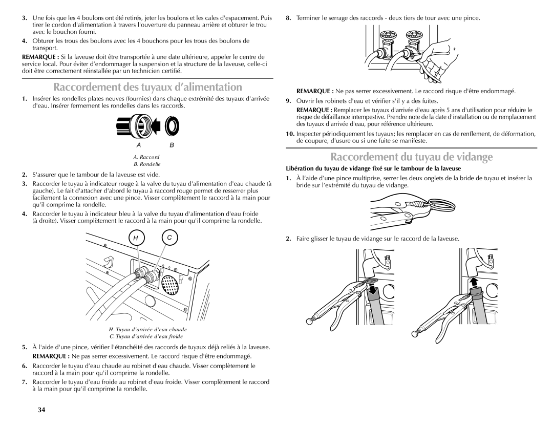 Maytag 461970255072 manual Raccordement des tuyaux d’alimentation, Raccordement du tuyau de vidange 