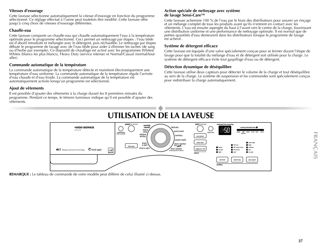 Maytag 461970255072 manual Utilisation DE LA Laveuse 