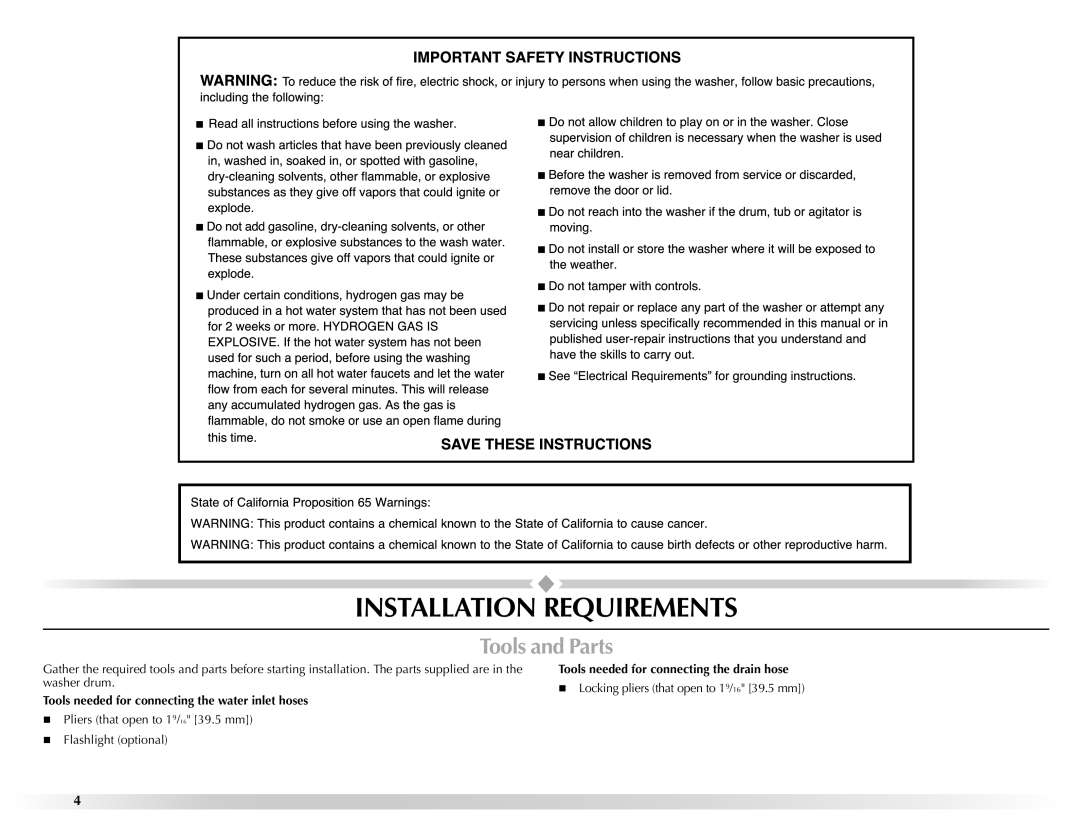 Maytag 461970255072 manual Installation Requirements, Tools and Parts, Tools needed for connecting the water inlet hoses 