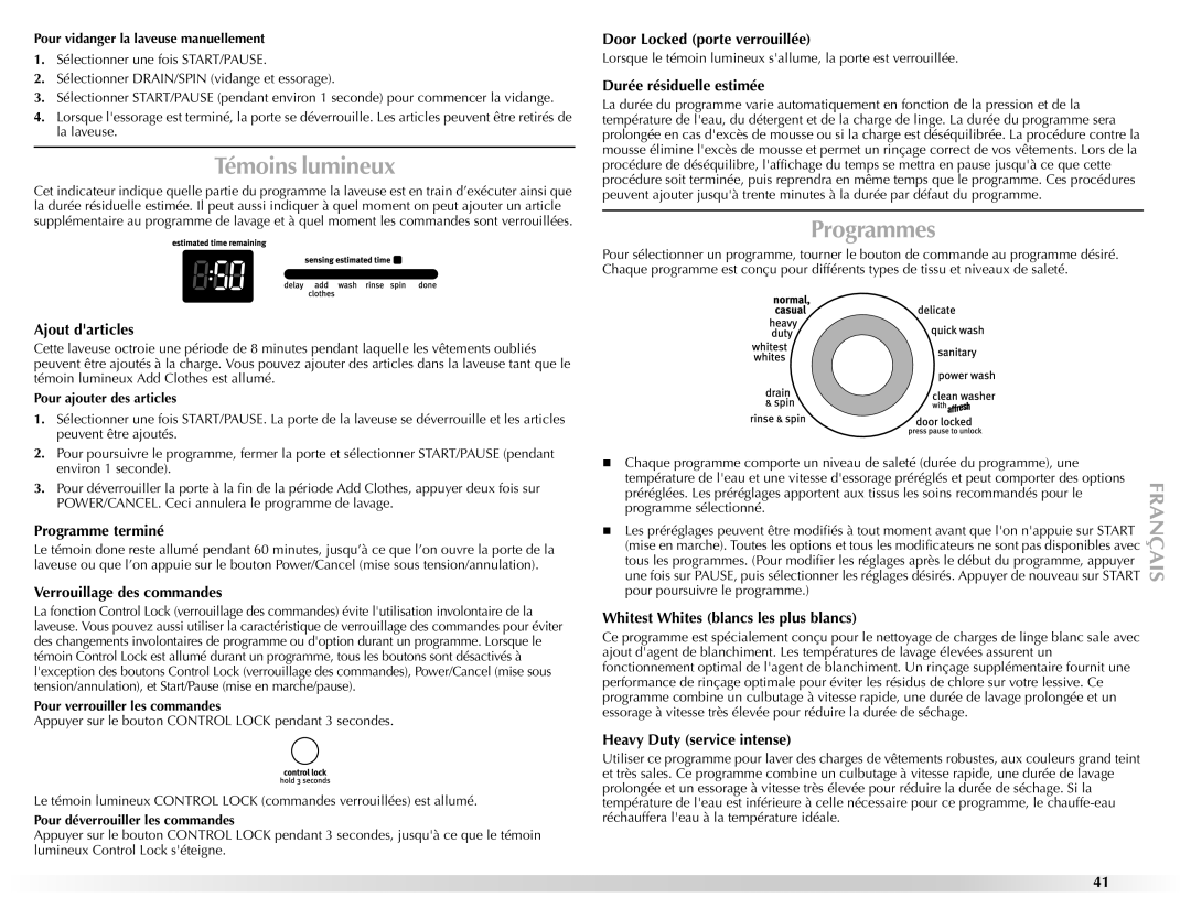 Maytag 461970255072 manual Témoins lumineux, Programmes 