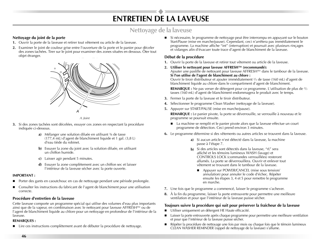 Maytag 461970255072 manual Entretien DE LA Laveuse, Nettoyage de la laveuse, Nettoyage du joint de la porte 