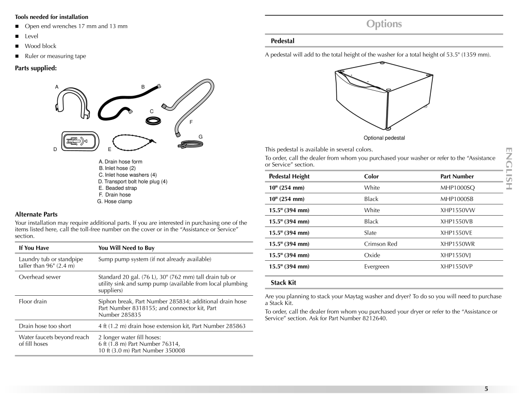 Maytag 461970255072 manual Options, Parts supplied, Pedestal, Alternate Parts, Stack Kit 