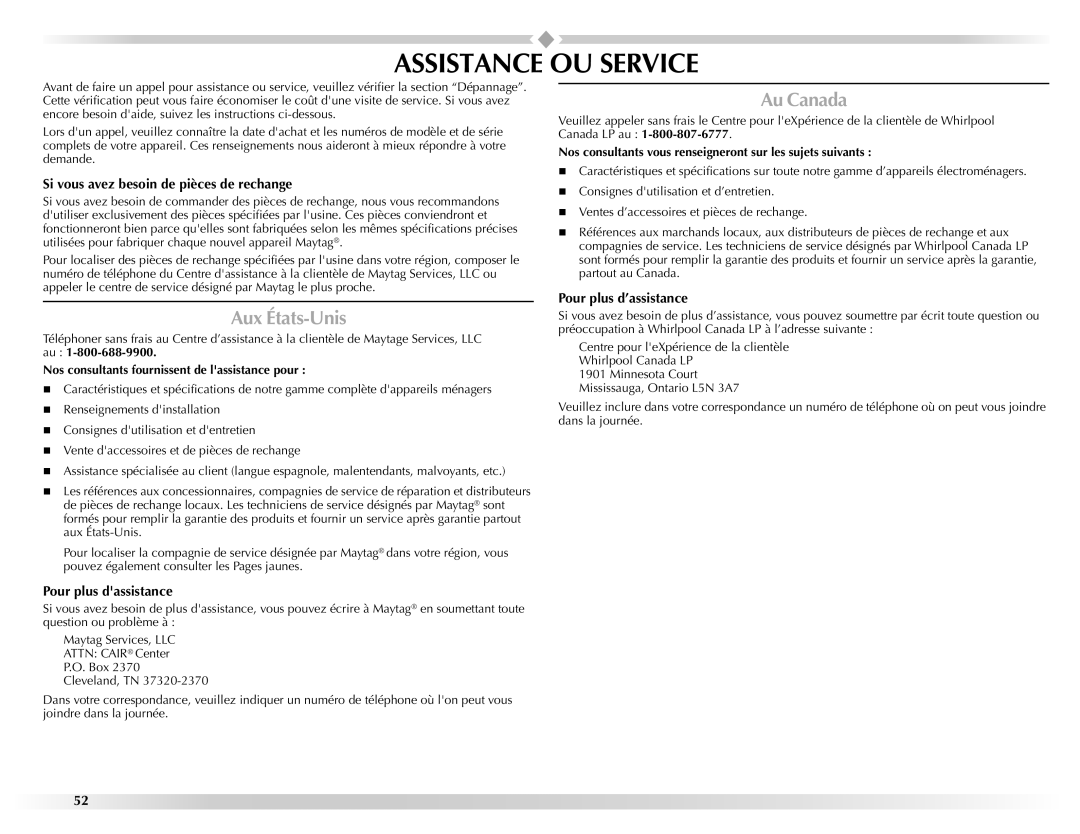 Maytag 461970255072 manual Assistance OU Service, Si vous avez besoin de pièces de rechange, Pour plus dassistance 