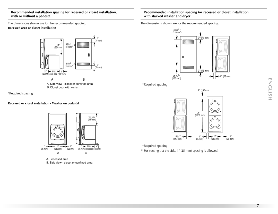 Maytag 461970255072 manual Recessed area or closet installation, Recessed or closet installation Washer on pedestal 