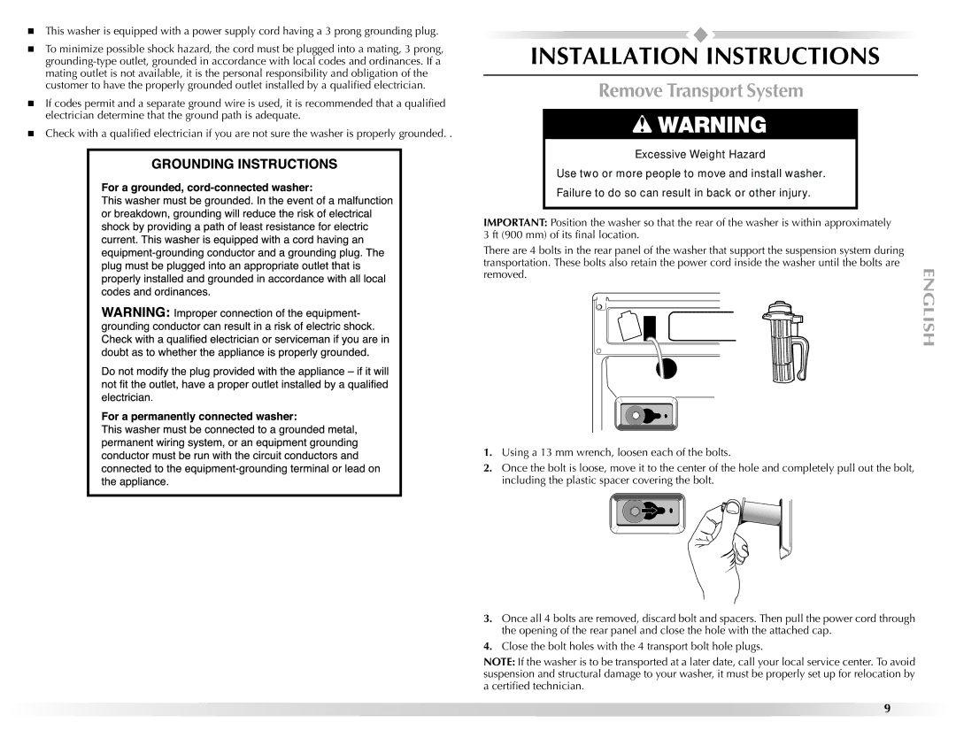 Maytag 461970255072 manual Installation Instructions, Remove Transport System 