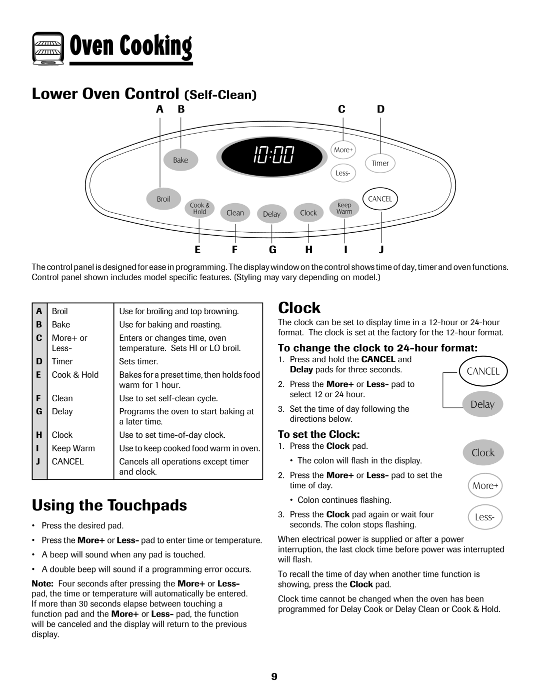 Maytag 500 Series important safety instructions Lower Oven Control Self-Clean, Using the Touchpads, Clock, Bc D G H I J 