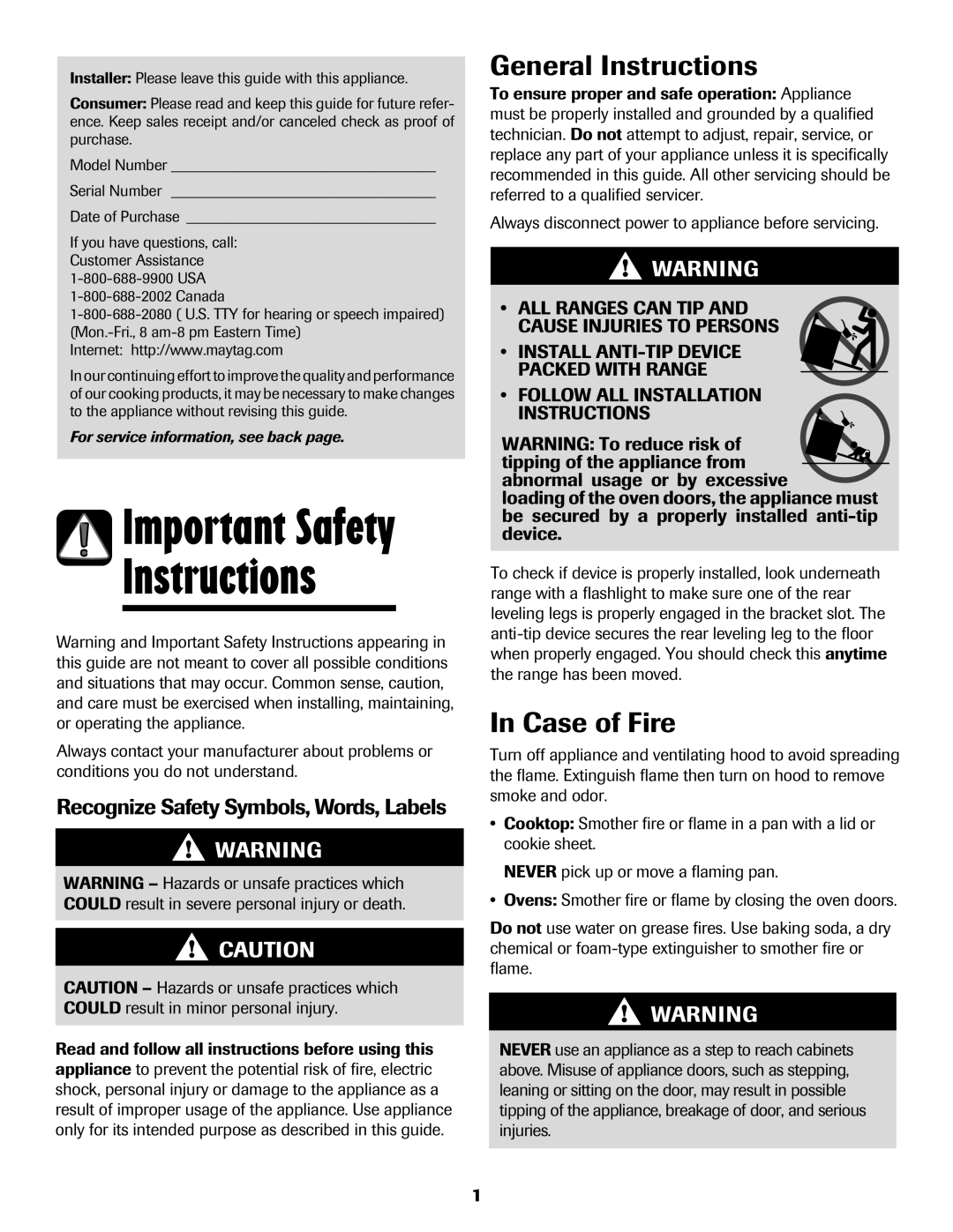 Maytag 500 Series General Instructions, Case of Fire, Recognize Safety Symbols, Words, Labels 