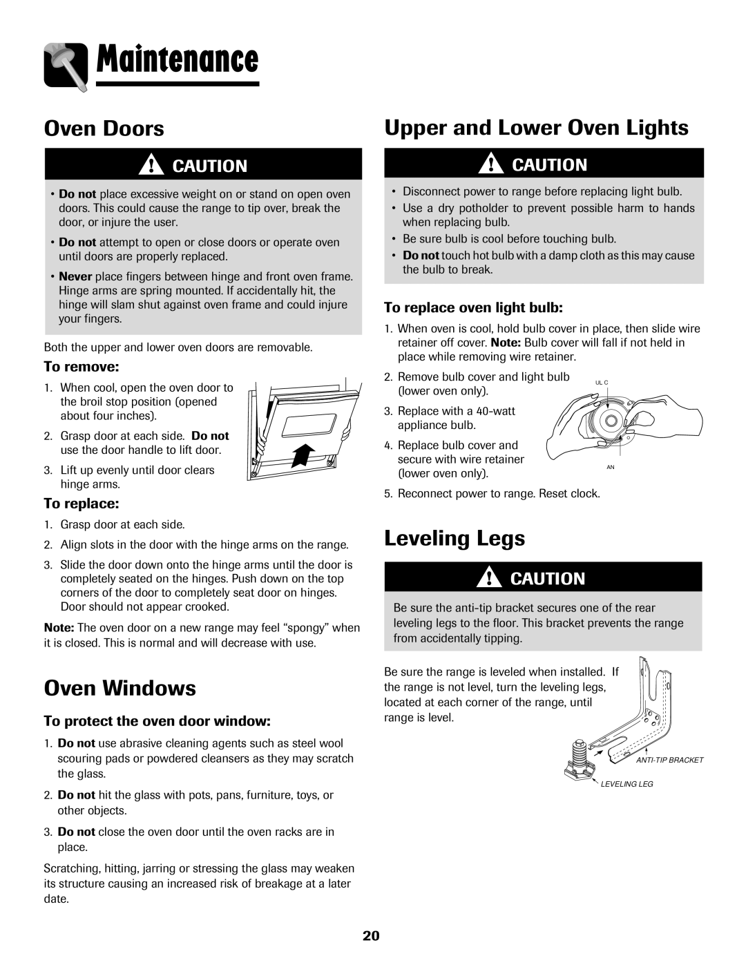 Maytag 500 Series Maintenance, Oven Doors, Upper and Lower Oven Lights, Oven Windows, Leveling Legs 