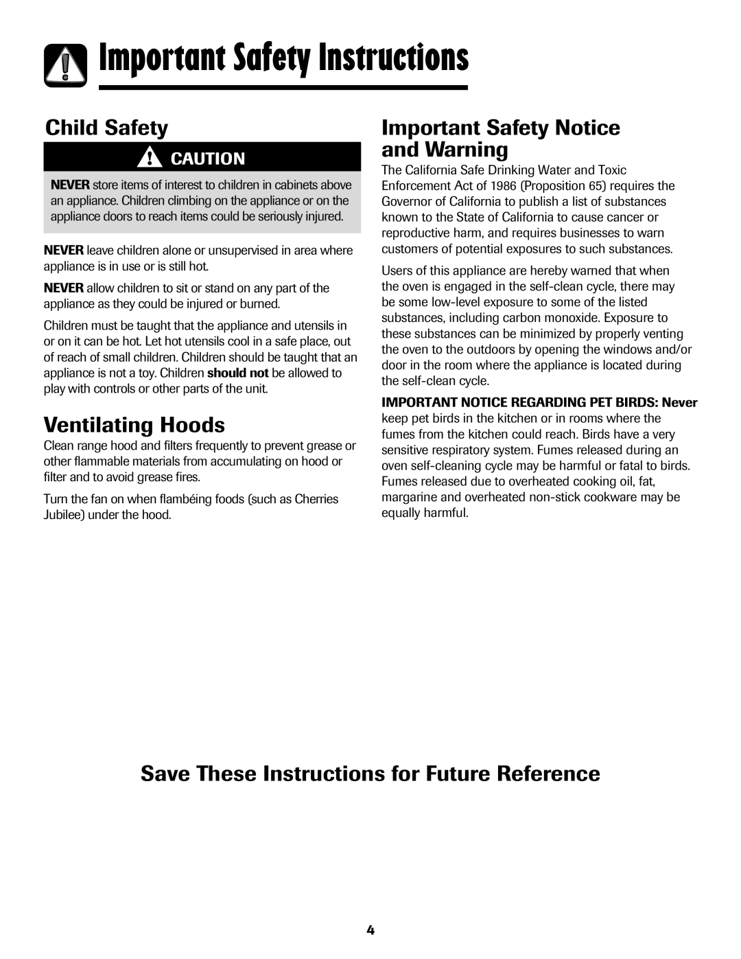 Maytag 500 Series important safety instructions Child Safety, Ventilating Hoods, Important Safety Notice and Warning 