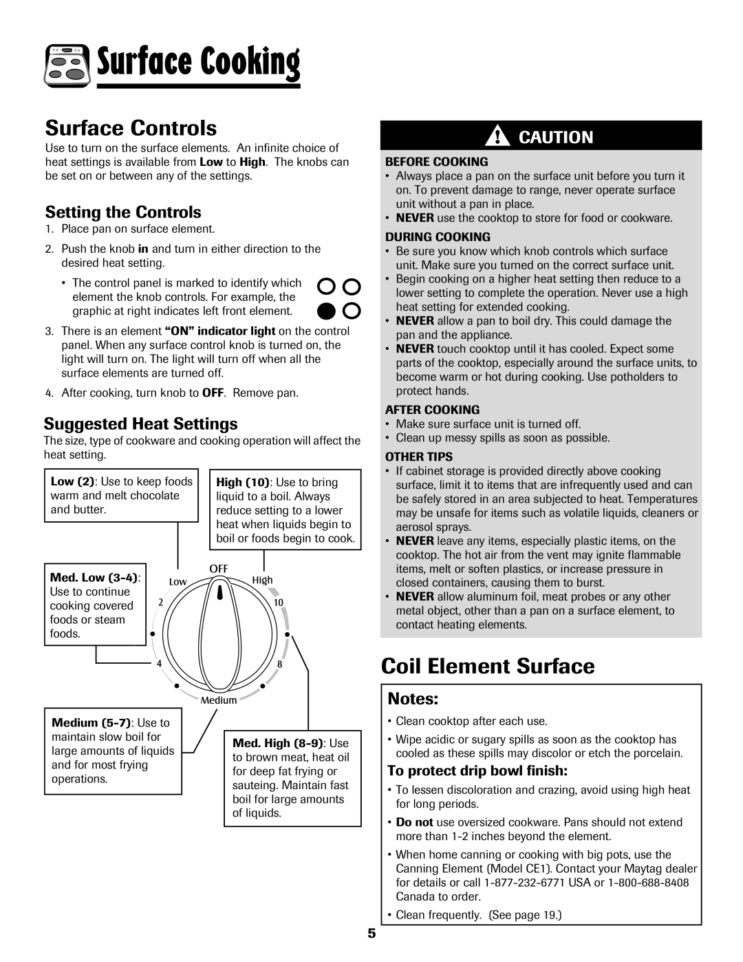 Maytag 500 Series Surface Controls, Coil Element Surface, Setting the Controls, Suggested Heat Settings 