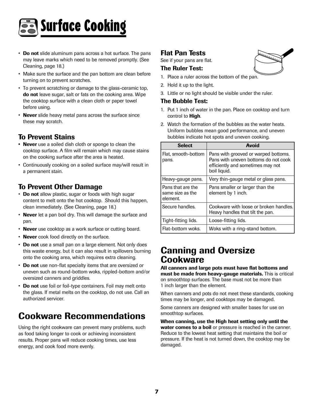 Maytag 500 Series Cookware Recommendations, Canning and Oversize Cookware, To Prevent Stains, To Prevent Other Damage 