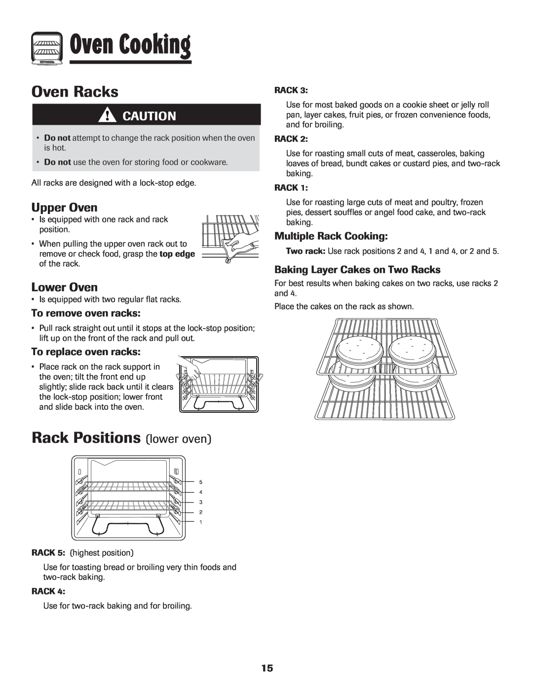 Maytag 500 Series Oven Racks, Rack Positions lower oven, Upper Oven, Lower Oven, To remove oven racks, Oven Cooking 