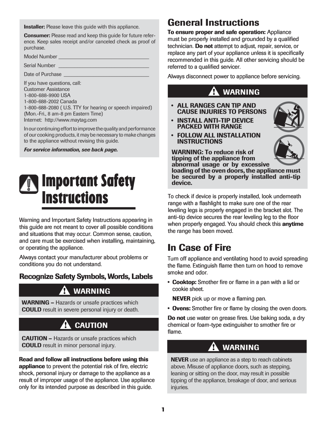 Maytag 500 Series Important Safety, General Instructions, In Case of Fire, Recognize Safety Symbols, Words, Labels 