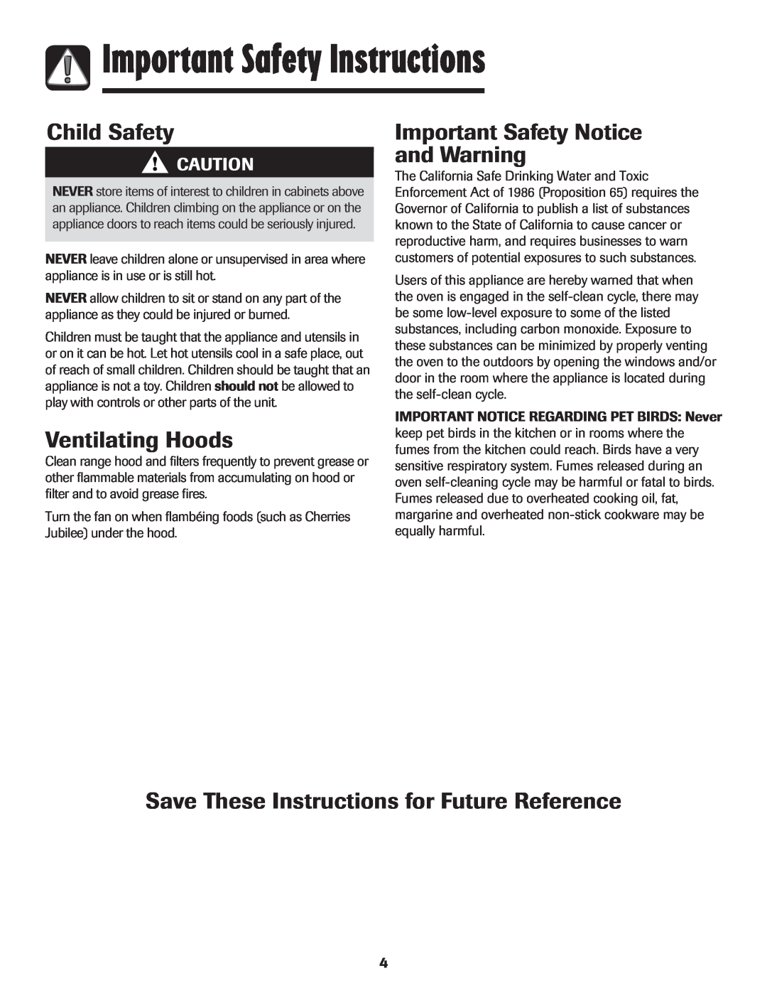 Maytag 500 Series Child Safety, Ventilating Hoods, Important Safety Notice and Warning, Important Safety Instructions 