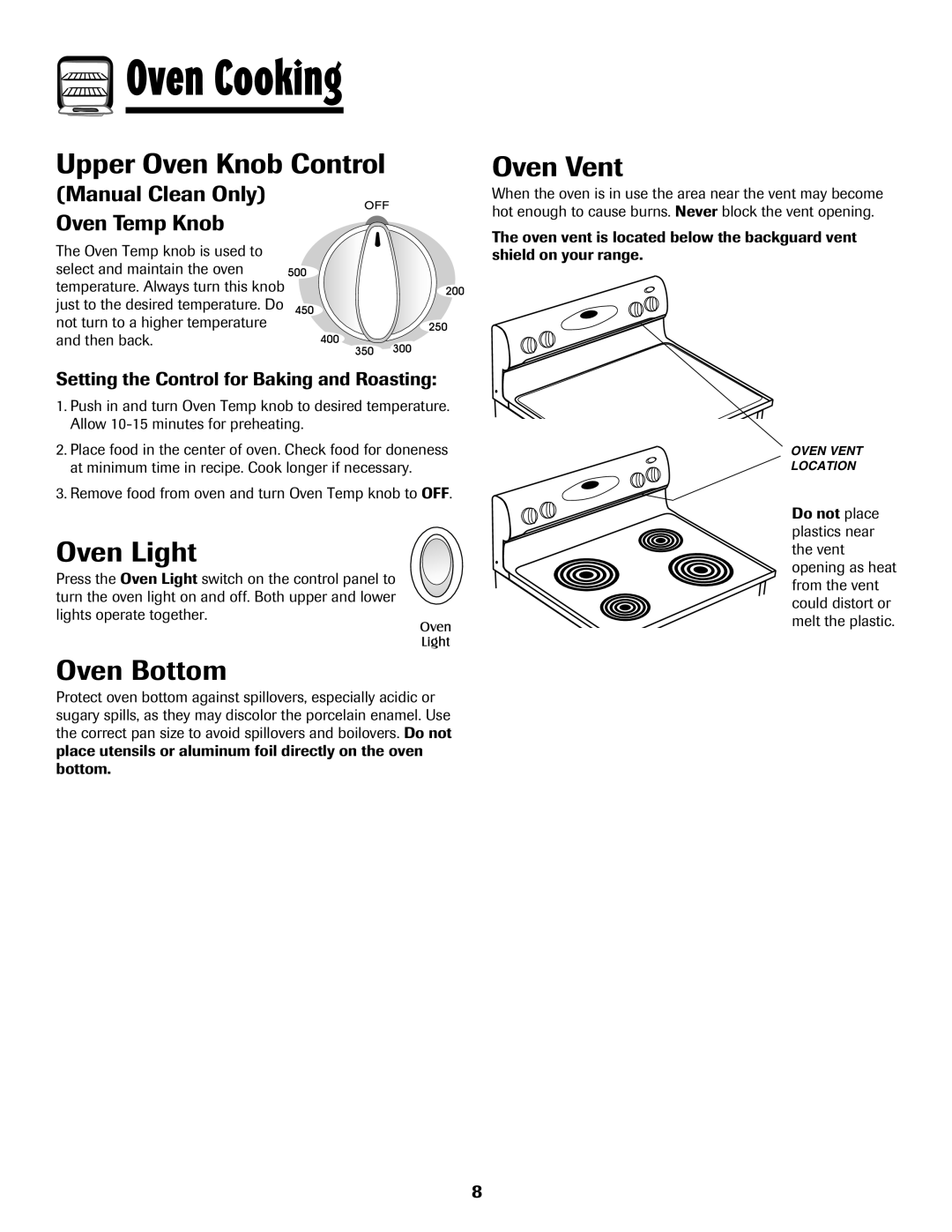 Maytag 500 Series important safety instructions Oven Cooking, Upper Oven Knob Control, Oven Light, Oven Bottom, Oven Vent 
