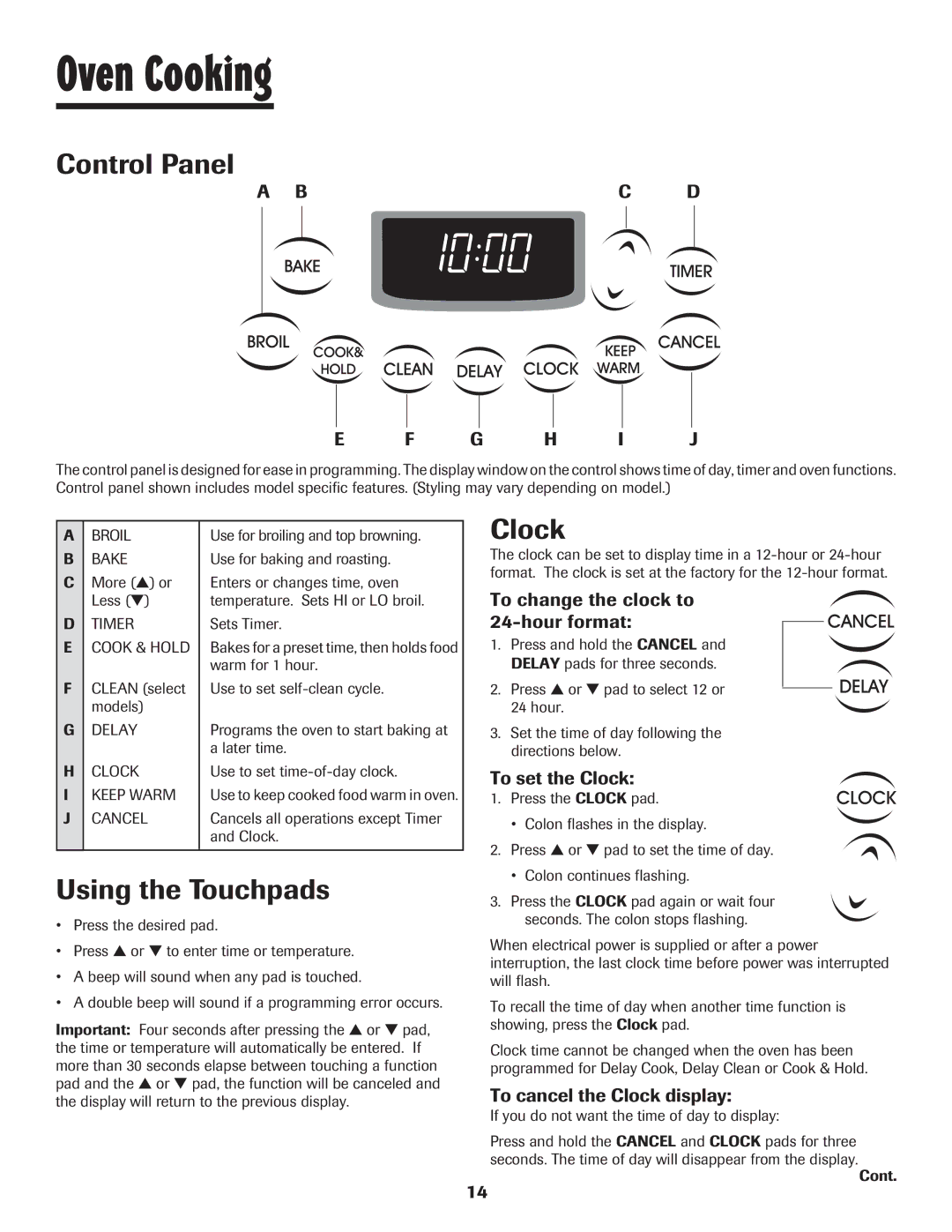 Maytag 500 important safety instructions Oven Cooking, Control Panel, Using the Touchpads, Clock, Bc D G H I J 