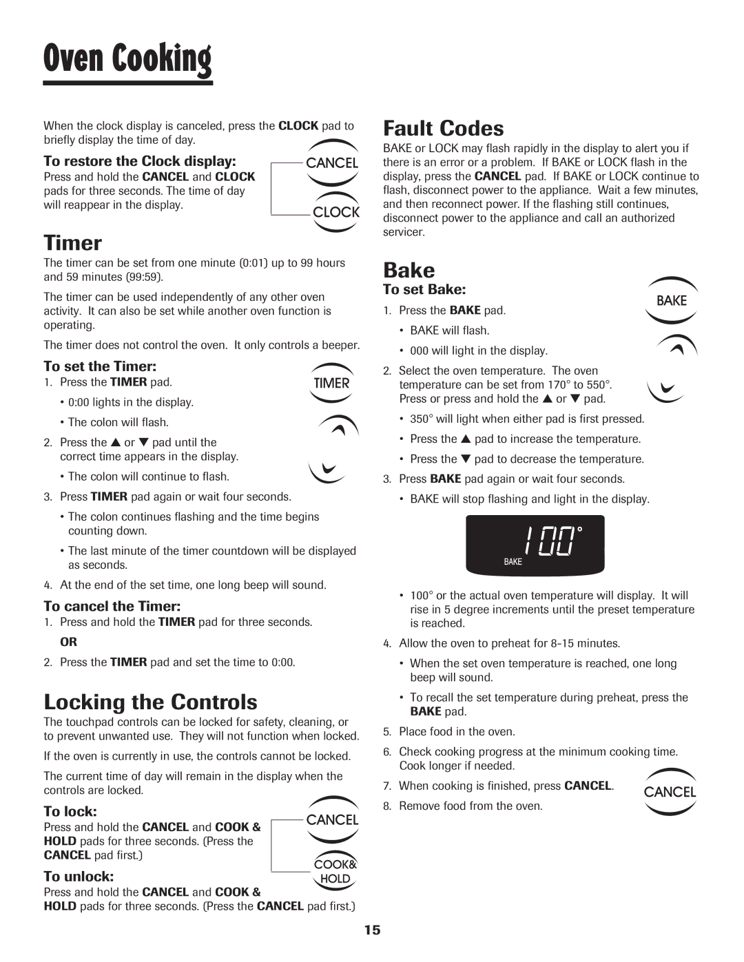 Maytag 500 important safety instructions Timer, Locking the Controls, Fault Codes, Bake 