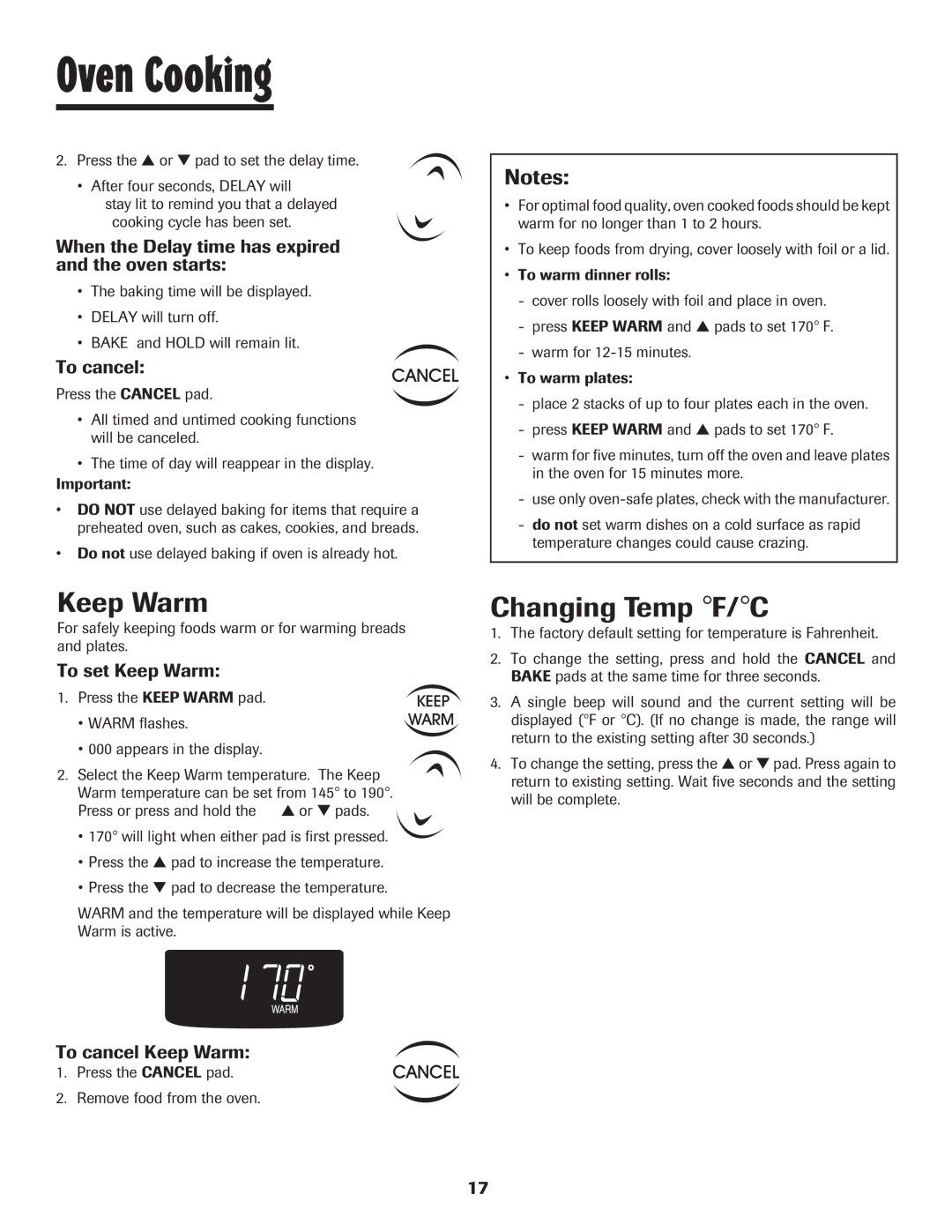 Maytag 500 important safety instructions Keep Warm, Changing Temp F/C 