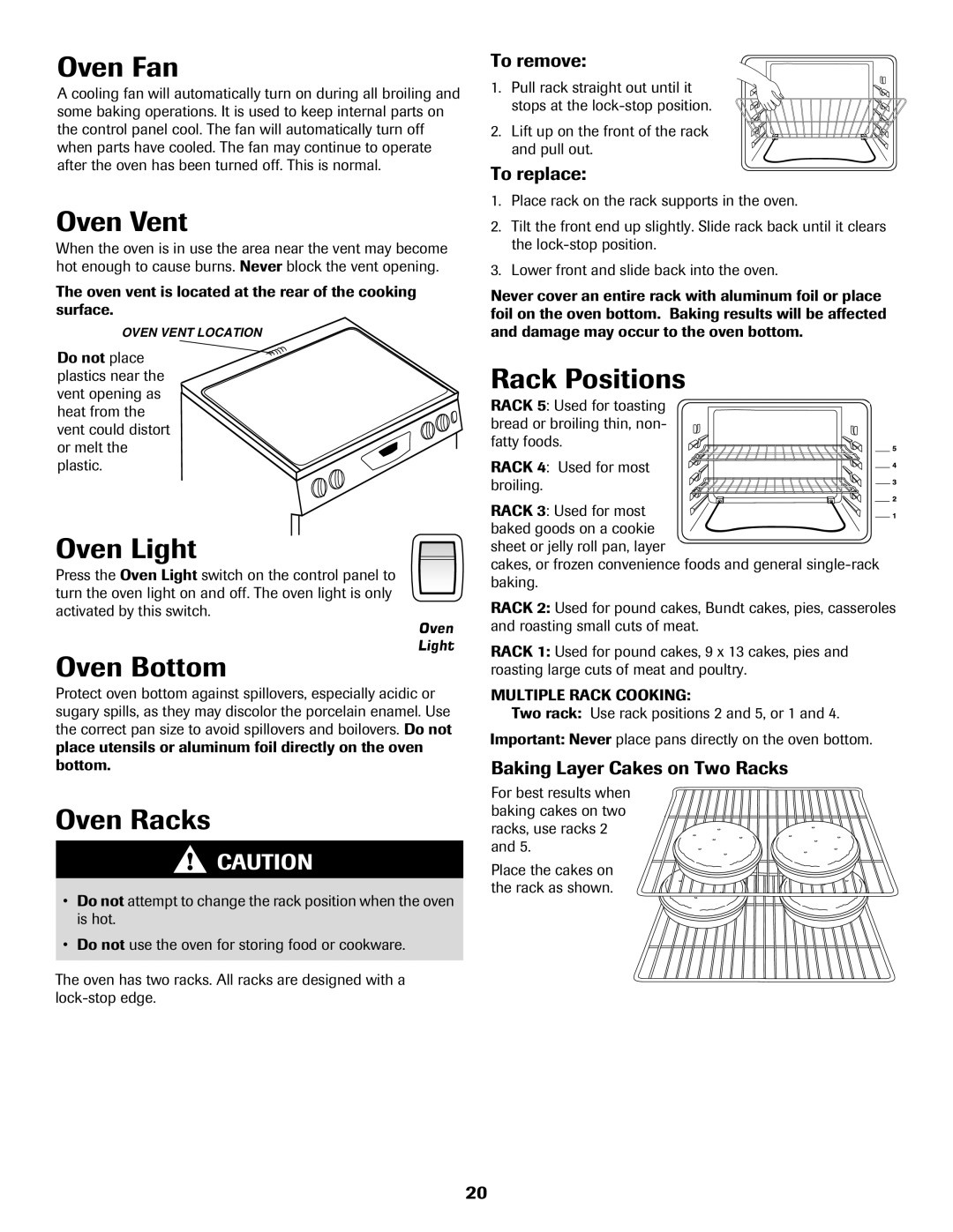 Maytag 500 important safety instructions Oven Fan, Oven Vent, Oven Light, Oven Bottom, Oven Racks, Rack Positions 