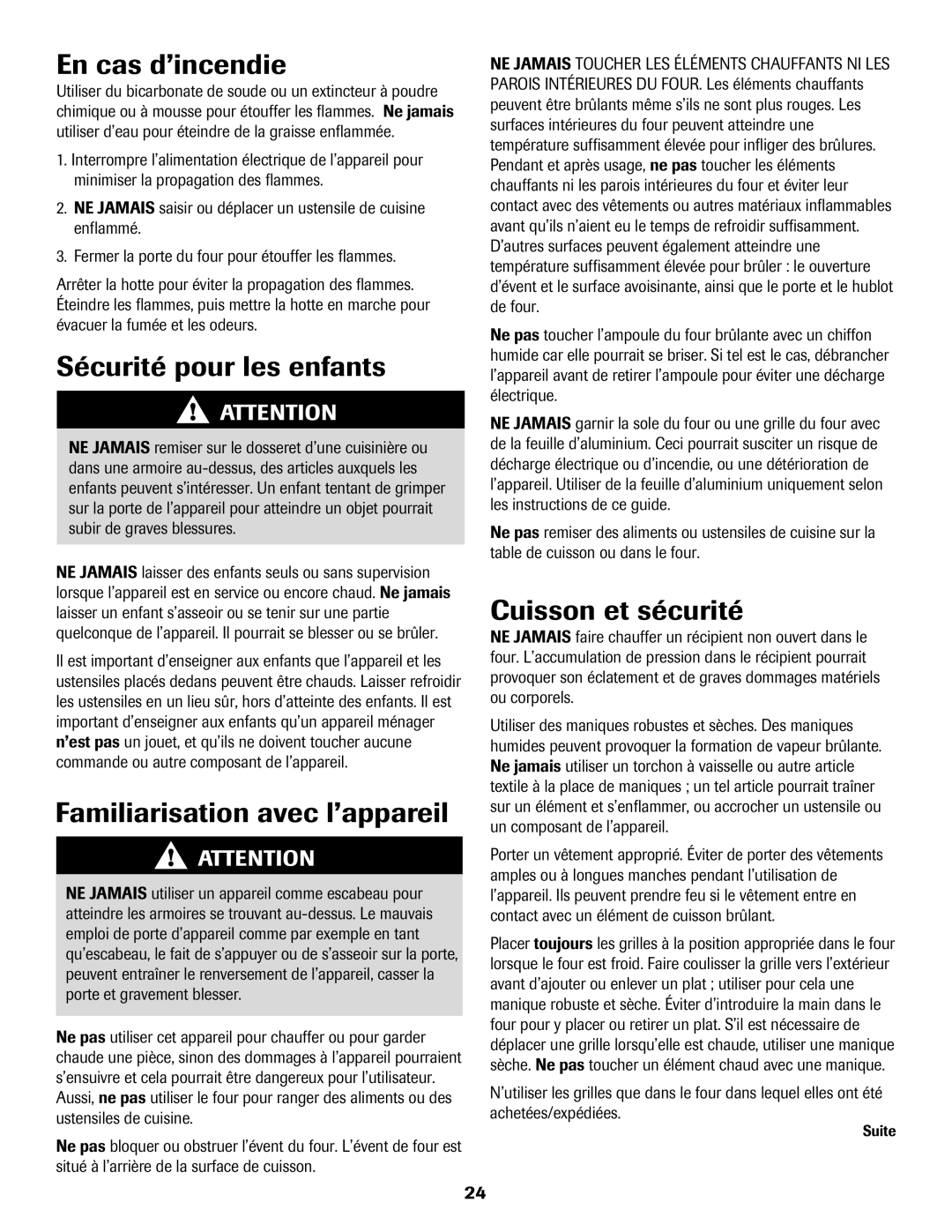 Maytag 500 En cas d’incendie, Sécurité pour les enfants, Familiarisation avec l’appareil, Cuisson et sécurité, Suite 