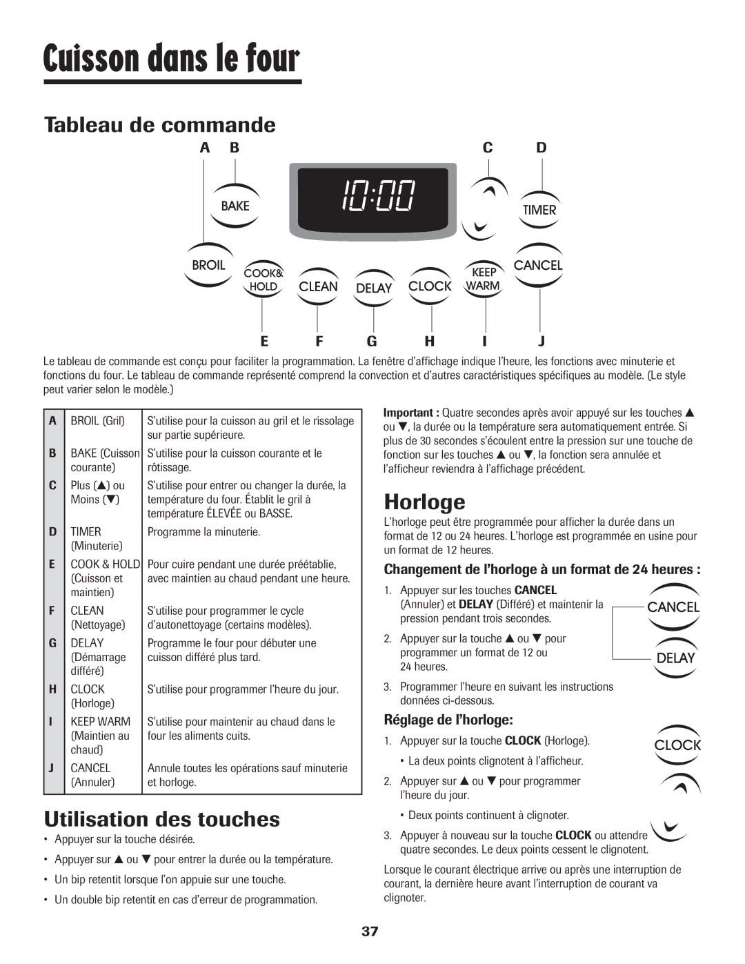 Maytag 500 important safety instructions Cuisson dans le four, Tableau de commande, Utilisation des touches, Horloge 