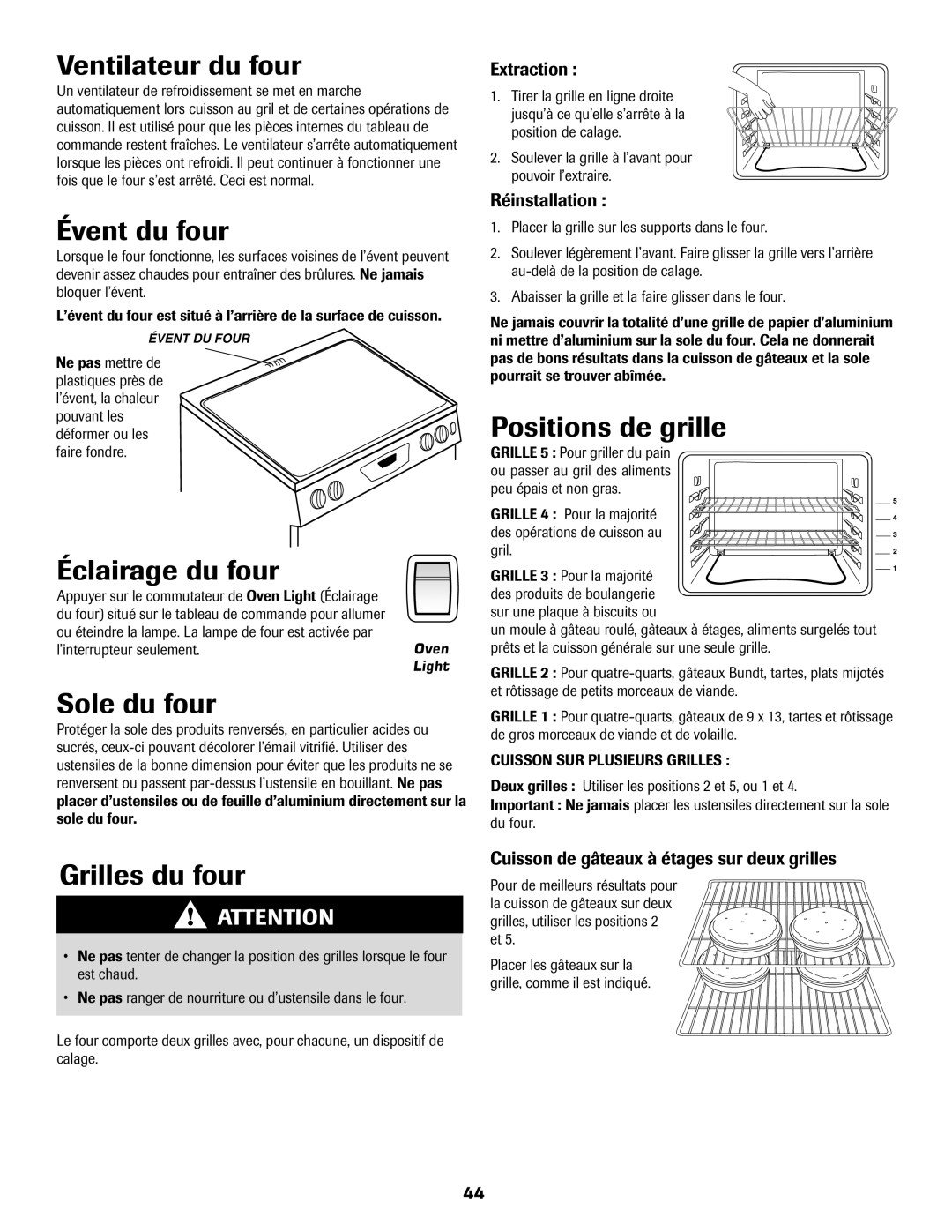 Maytag 500 Ventilateur du four, Évent du four, Éclairage du four, Sole du four, Positions de grille, Grilles du four 