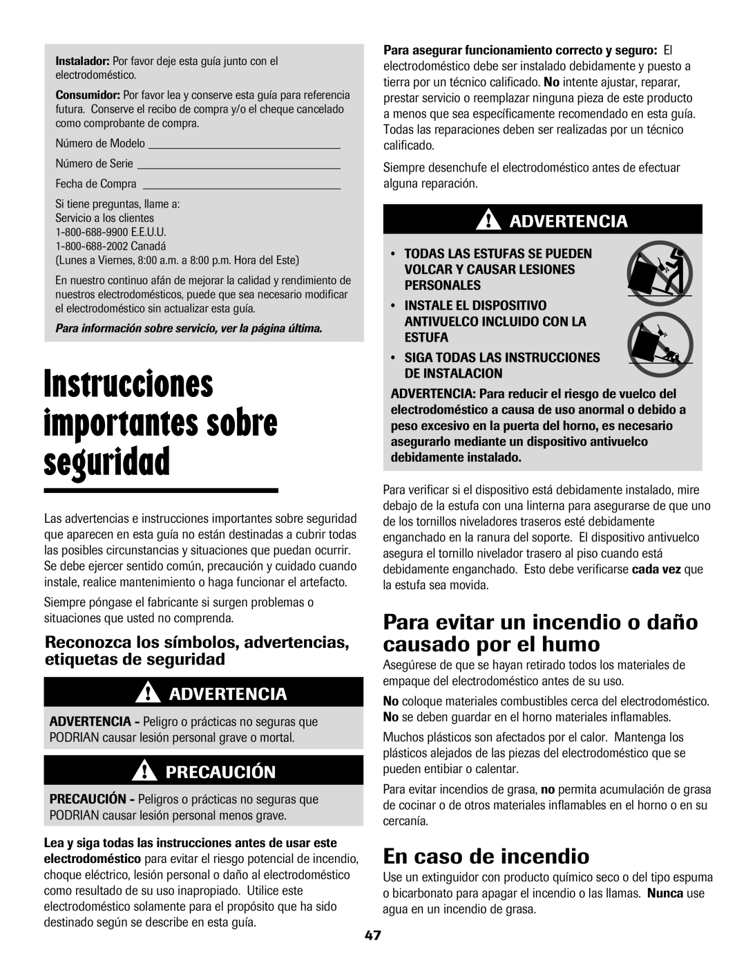 Maytag 500 important safety instructions Para evitar un incendio o daño causado por el humo, En caso de incendio 