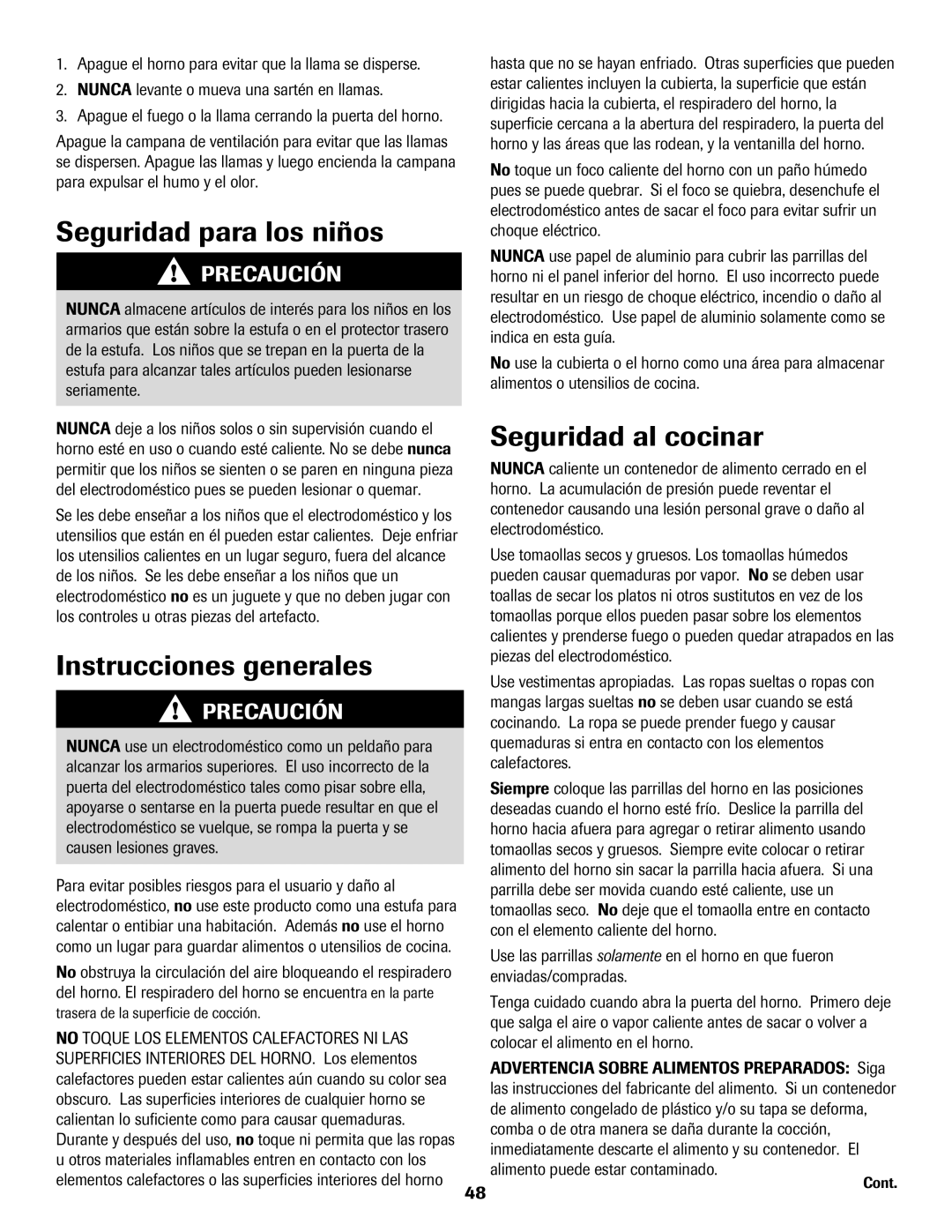 Maytag 500 Seguridad para los niños, Instrucciones generales, Seguridad al cocinar, Trasera de la superficie de cocción 