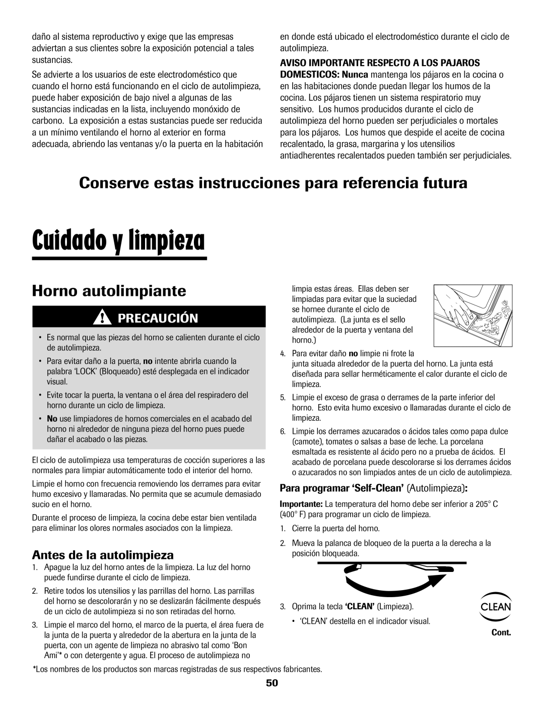 Maytag 500 Cuidado y limpieza, Conserve estas instrucciones para referencia futura, Antes de la autolimpieza 