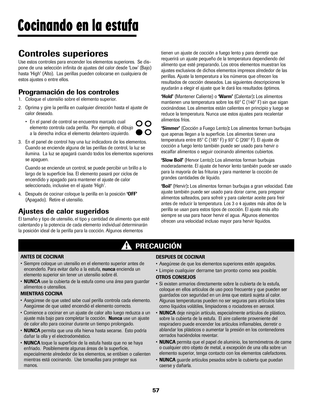 Maytag 500 Cocinando en la estufa, Controles superiores, Programación de los controles, Ajustes de calor sugeridos 