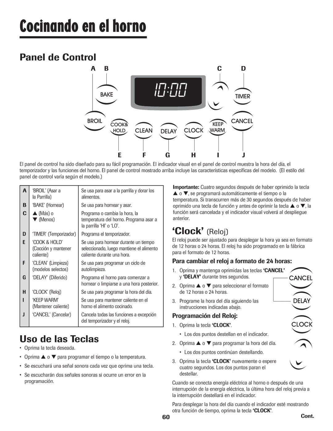 Maytag 500 important safety instructions Cocinando en el horno, Panel de Control, Uso de las Teclas, ‘Clock’ Reloj 