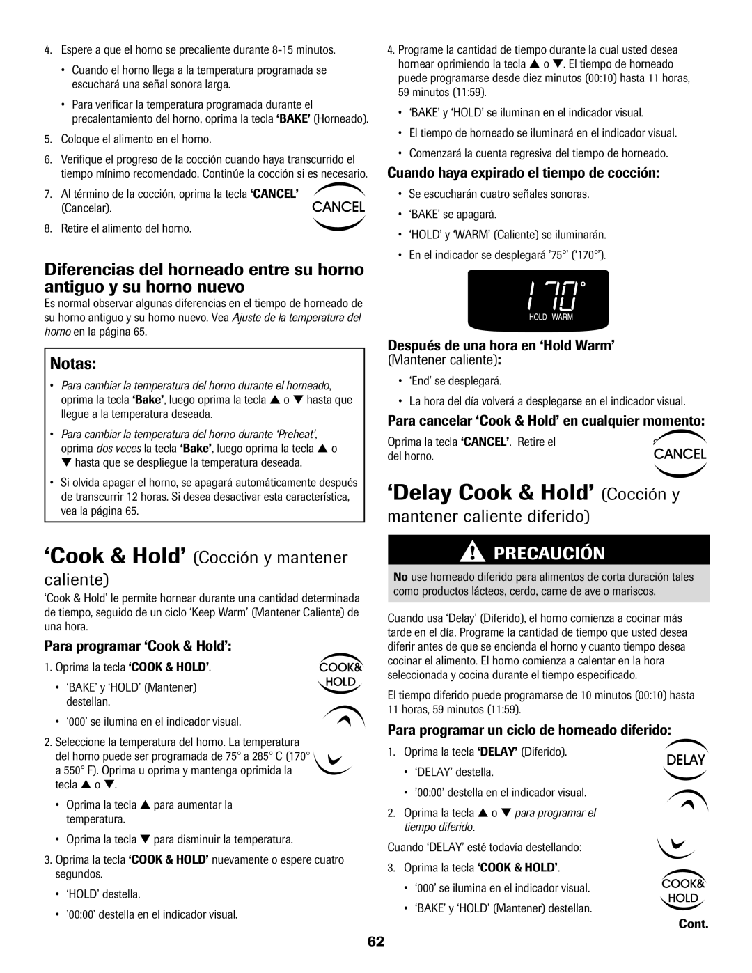 Maytag 500 ‘Delay Cook & Hold’ Cocción y, ‘Cook & Hold’ Cocción y mantener caliente, Mantener caliente diferido 