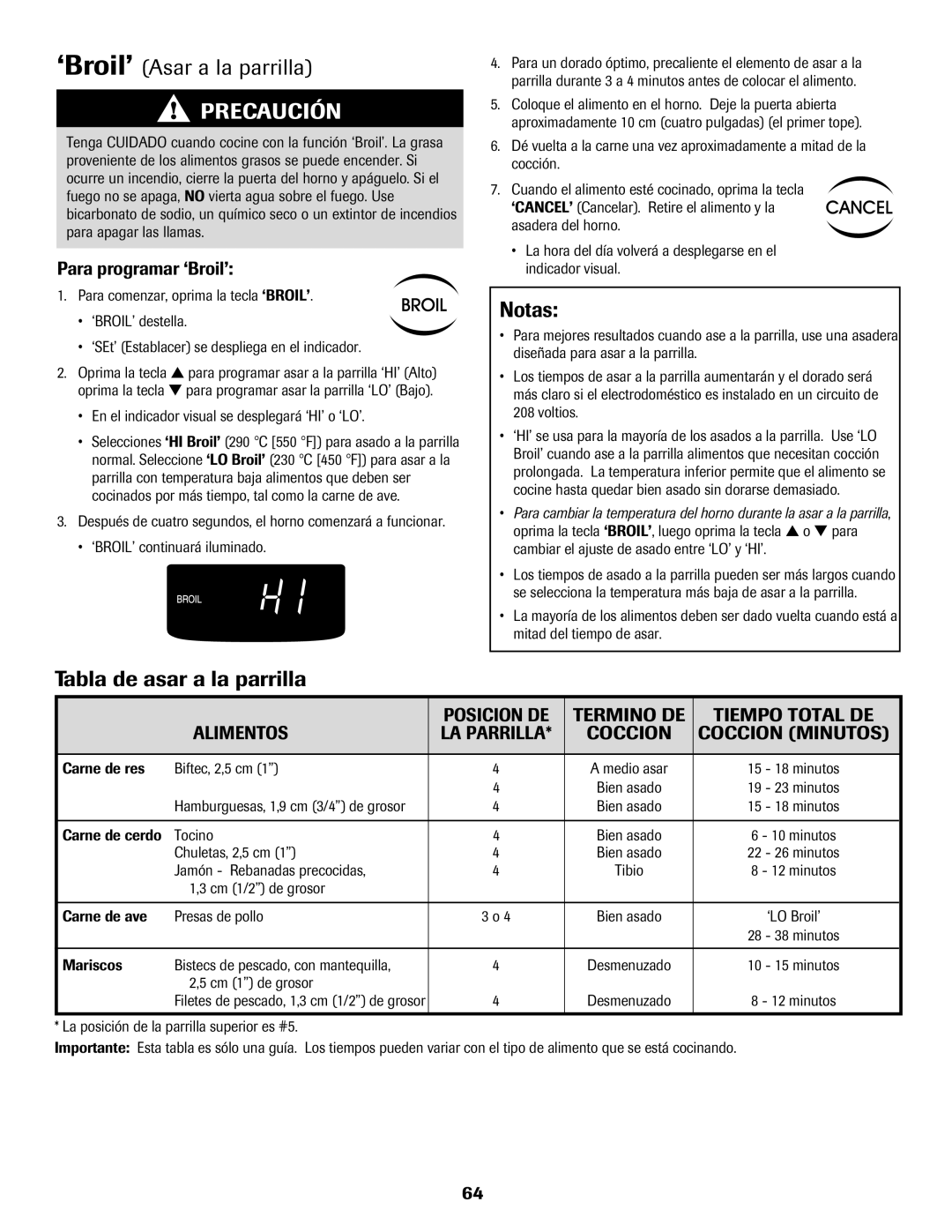 Maytag 500 ‘Broil’ Asar a la parrilla, Tabla de asar a la parrilla, Para programar ‘Broil’, Coccion Minutos 