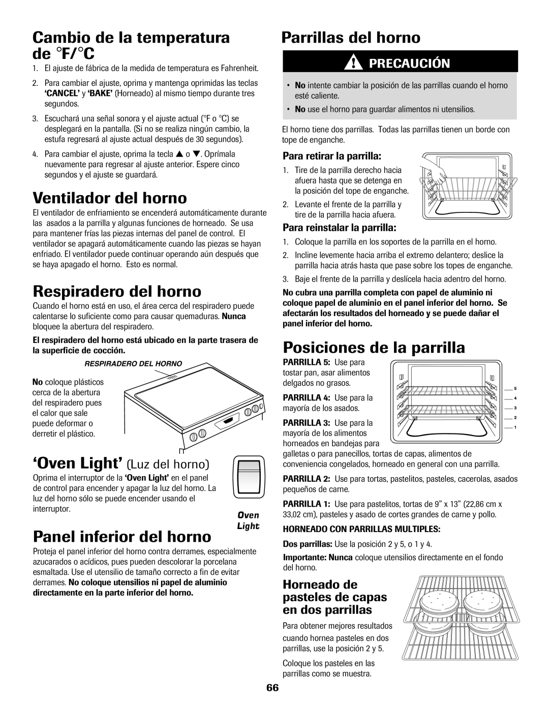 Maytag 500 Cambio de la temperatura de F/C, Ventilador del horno, Respiradero del horno, Panel inferior del horno 