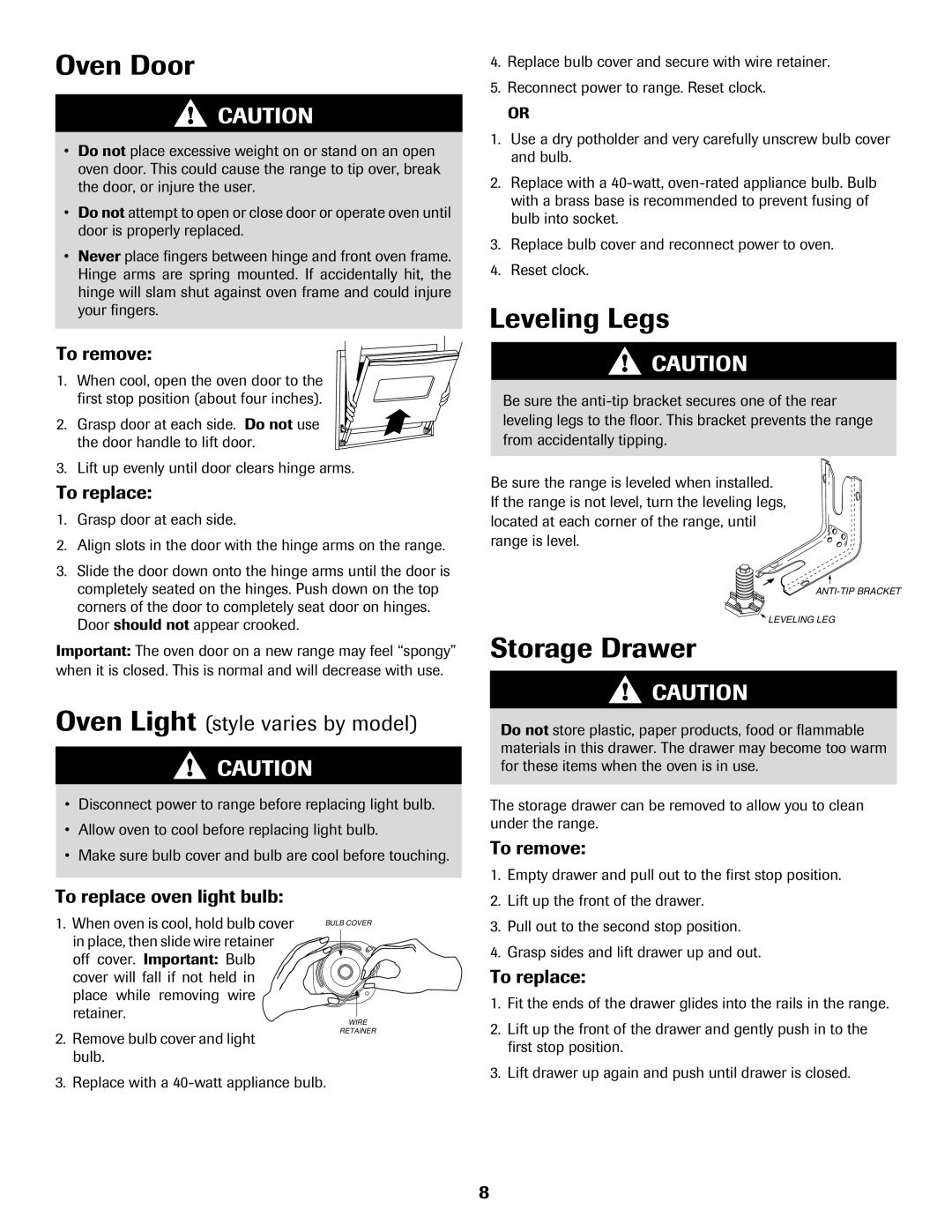 Maytag 500 important safety instructions Oven Door, Leveling Legs, Storage Drawer, Oven Light style varies by model 