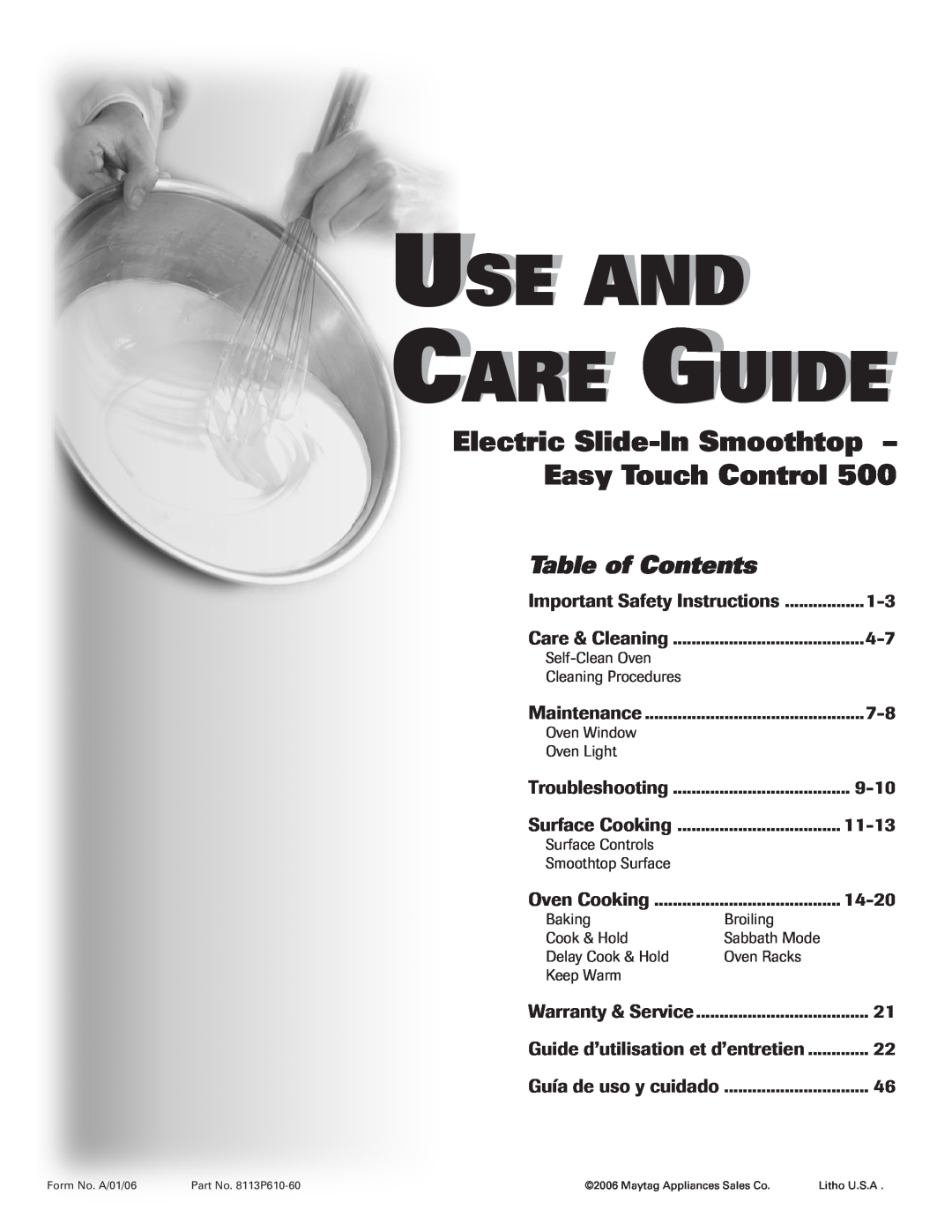 Maytag 500 important safety instructions Use And Care Guide, Electric Slide-InSmoothtop – Easy Touch Control 