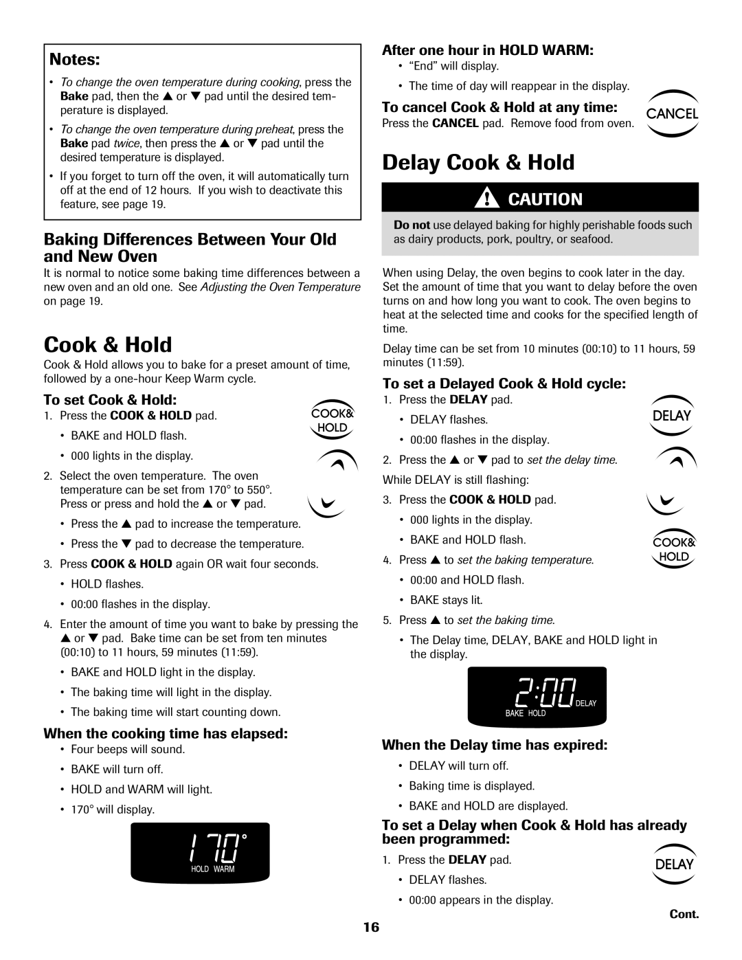 Maytag 500 Delay Cook & Hold, Baking Differences Between Your Old and New Oven, To set Cook & Hold, Notes 