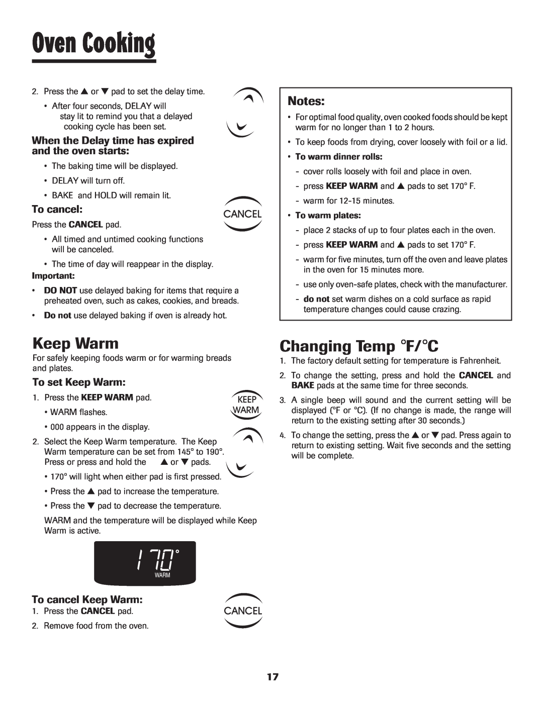Maytag 500 Changing Temp F/C, To set Keep Warm, To cancel Keep Warm, Oven Cooking, Notes 