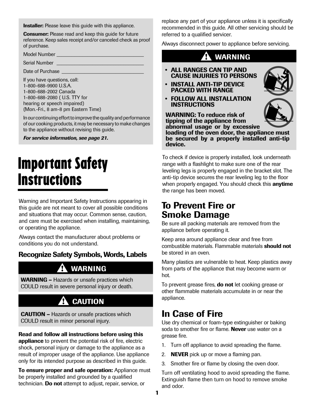 Maytag 500 important safety instructions Important Safety Instructions, To Prevent Fire or Smoke Damage, In Case of Fire 
