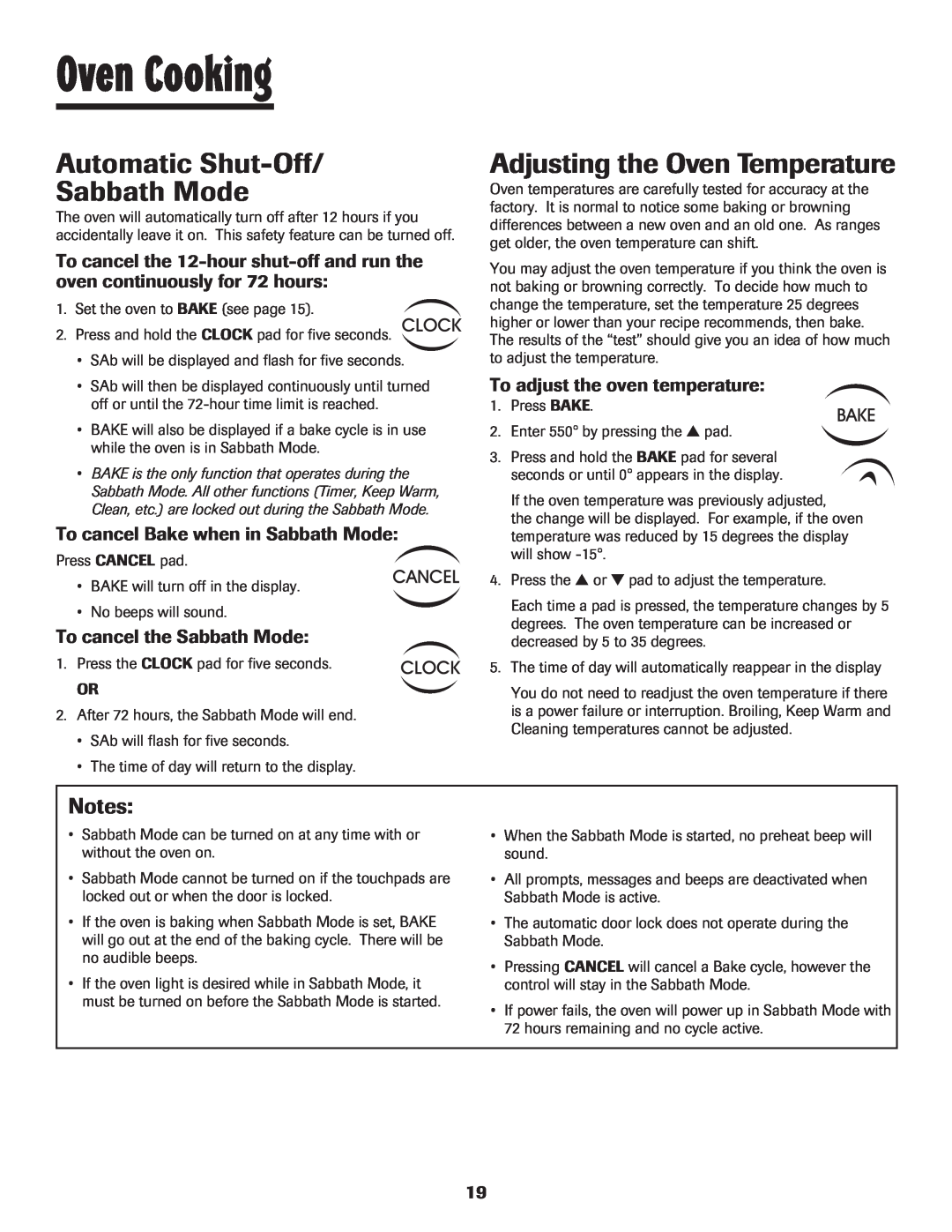 Maytag 500 Automatic Shut-Off Sabbath Mode, Adjusting the Oven Temperature, To cancel Bake when in Sabbath Mode, Notes 