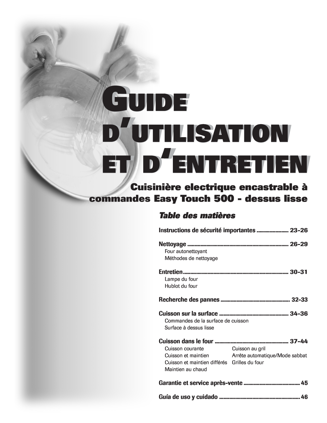 Maytag 500 Guide D’Utilisation Et D‘Entretien, Table des matières, 23-26, 26-29, 30-31, 32-33, 34-36, 37-44 